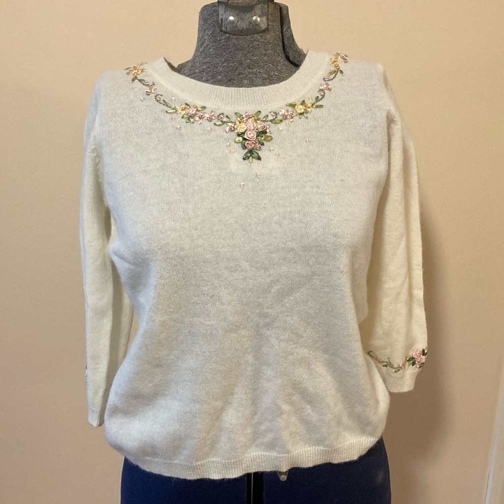 BCBGMaxAzria wool/angora cream sweater with ribbon roses